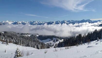 Snowy mountain vista with clouds