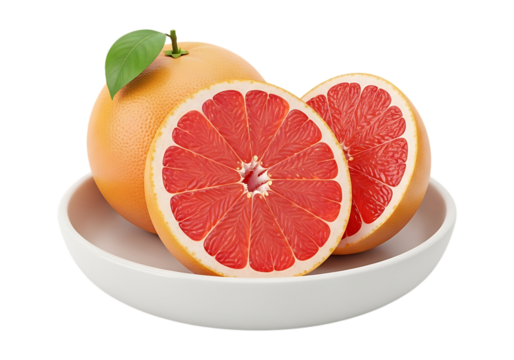 Fresh grapefruit halves and whole fruit in a bowl isolated on transparent background