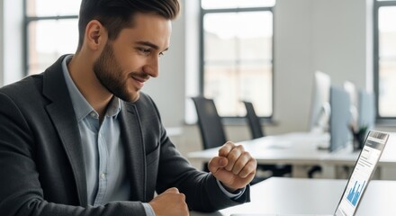 Fototapeta premium Jubilant businessman celebrates success while viewing positive data on his laptop