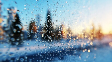 Raindrops on glass with blurred winter city and glowing lights, abstract cozy background with copy space