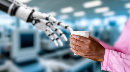 Robot hand passing ribbed paper coffee cup to Afro American human hand in pink sleeve, futuristic factory scene with copy space