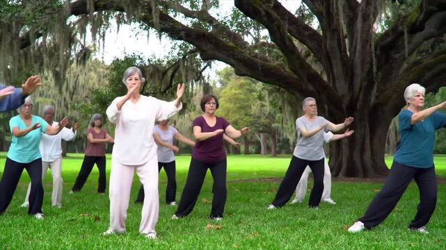 A gathering of older women engages in tai chi exercises in a serene park setting. They move gracefully under the shade of majestic trees, enjoying the sunny weather together