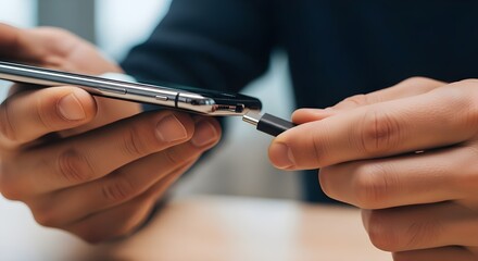 Connecting smartphone with USB-C cable, charging device for modern lifestyle