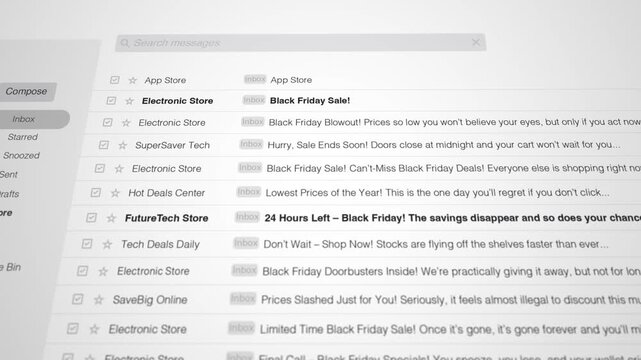Sales online email inbox showing multiple black friday spam notifications 3 - Powered by Adobe