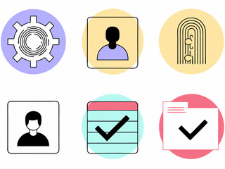 Collection of six simple flat design icons representing user profile settings task completion and workflow