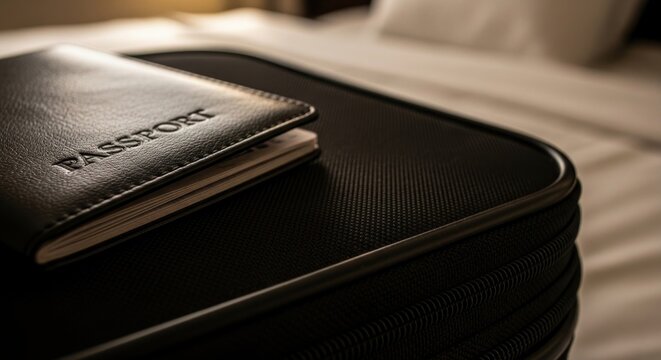 Leather Passport Resting on Black Suitcase Ready for International Travel