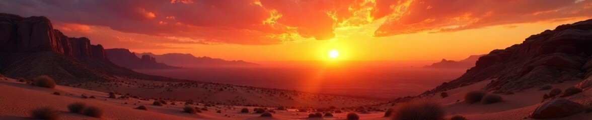 Fototapeta premium Fiery Sunset over Desert Landscape Aries Zodiac Sign, Rugged Terrain, Dramatic Light, Vibrant Colors, Symbol of Leadership and Untamed Energy