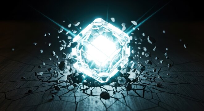 Luminous Cube Shattering Ground, Emitting Blue Rays and Scattering Debris