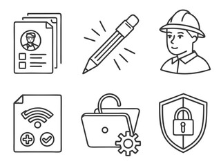 Set of six simple hand drawn outline icons representing documents writing a person wi fi a folder and security
