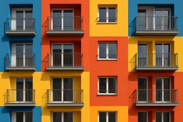 Full Frame of Colorful Modern Apartment Building Wall