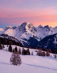 Snowy mountains at sunrise