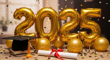 Graduation Celebration for the Class of 2025 with Golden Balloons and Confetti