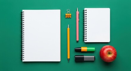 Flat lay of school supplies and an apple on a green background