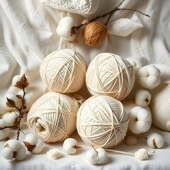 Balls of cotton thread for crocheting, on a white background and pieces of cotton as decoration.