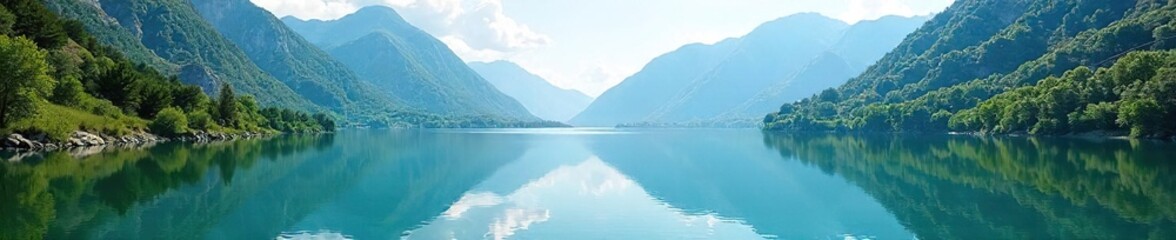 Obraz premium Serene landscape featuring a tranquil lake reflecting the surrounding mountains and lush greenery under a clear sky Ideal for travel, nature, and environmental themes , reflection, view, greenery