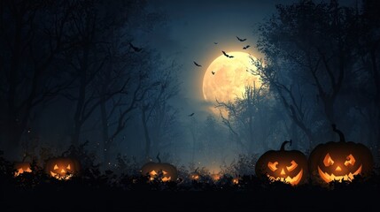 Eerie Halloween scene with carved pumpkins glowing under a bright moon in dark woods