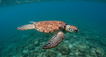 Obraz premium Sea turtle swimming in clear blue ocean water.