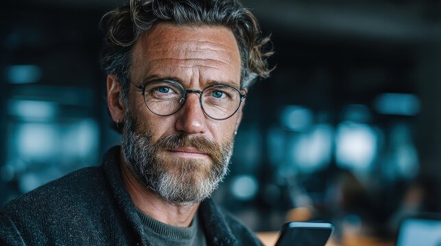 Man with Glasses Works Late Analyzing Stock Market Data on a Laptop in his Office, Showing Focus and Determination - Powered by Adobe