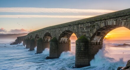 Historic Stone Bridge Arches Facing Crashing Ocean Waves Under a Golden Sunset Sky