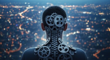 Mechanical Mind: Gears and Cogs Replacing Human Anatomy with City Lights Backdrop