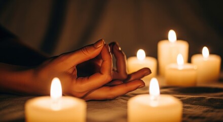Meditative hand gesture amidst glowing candles, creating a serene and warm ambiance