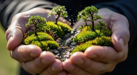 Miniature landscape with moss, trees, and stream held in cupped hands, sparkling with water droplets