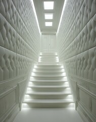 Obraz premium A sophisticated, monochromatic hallway with ornate details and a grand staircase, bathed in soft, ambient light.