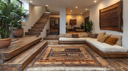 Fototapeta premium Modern Living Space Wooden Platforms and Bohemian Rug modern interior floor seating