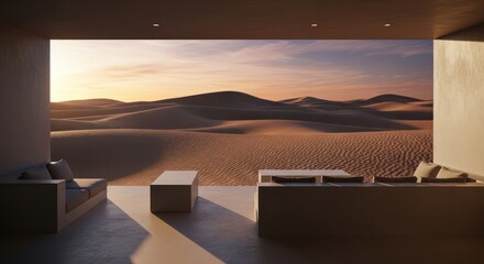 Minimalist interior with desert view at sunset, sand dunes and soft light