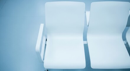 Minimalist waiting area: Two white chairs against a pale blue tiled floor, overhead shot