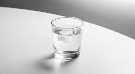 Minimalist water glass with ice cube on white table, soft light and shadow