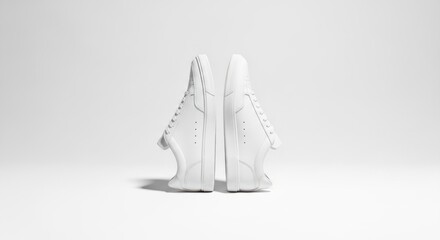 Minimalist white sneakers standing upright, facing each other on a seamless white background