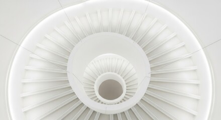 Obraz premium Minimalist white spiral staircase viewed from below, illuminated by soft light