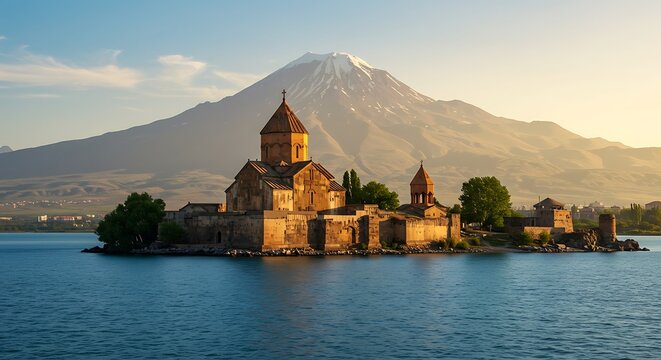 Sevanavank Monastery on Lake Sevan with majestic mountain in background at sunrise.