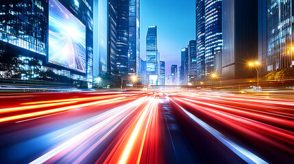 Fototapeta premium Dynamic Light Trails in a Modern Cityscape at Night