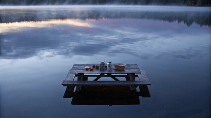 Autumn Picnic-Picnic on a Lake: A serene meal on a table floating in water with a foggy backdrop.
