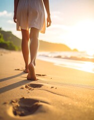 Woman walking barefoot on beach at sunset