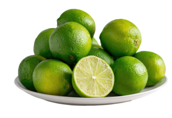 Fresh limes piled high on a white plate.  Bright green, juicy limes, some halved, sit closely together on a simple white plate against a black background