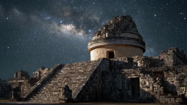 Ancient observatory under a starry night sky in a historical location