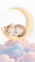 cute sleeping kitten curled on crescent moon with pastel clouds for use in children illustration, bedtime story, and cozy decor projects