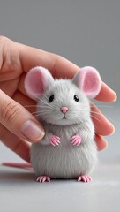 close up of cute mouse toy with hand touching on smooth surface for cozy emotional projects