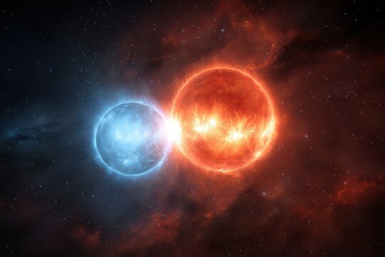 Two star systems in harmonious orbit creating a stunning cosmic display within a vibrant interstellar backdrop