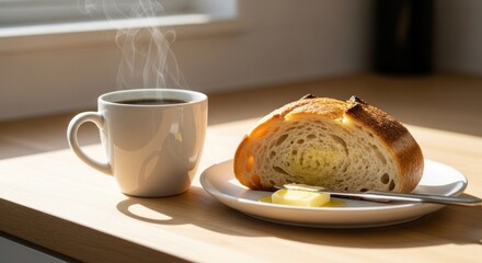 Morning Still Life: Steaming Coffee, Sourdough Slice, and Melting Butter in Sunlight