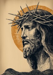 Face of Jesus Christ as clean negative space within the shaft, spokes as a sacred halo. Crown of thorns highlighted 