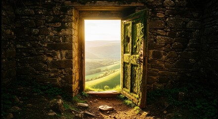 Moss-covered door opens to a sunlit valley, framed by a rustic stone wall