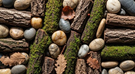Mossy Bark and Smooth Stones: A Textured Natural Still Life Composition