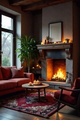 Fototapeta premium Cozy living room interior with fireplace, warm lighting, and comfortable furniture, perfect for a relaxing evening at home , fireplace, fire, interior design