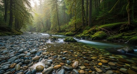 Mossy Forest Riverbed with Smooth Stones and Flowing Water in Pacific Northwest