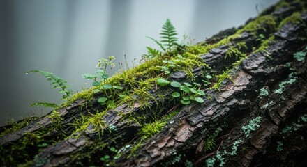Mossy Log Ecosystem: Ferns, Tiny Plants, and Bark Details in a Forest Setting