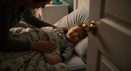 Mother gently tucking her sleeping child into bed in a dimly lit room
